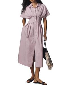 lot 18540 image: Burtell Women Striped Shirt Dress Button Down Short Sleeve Pleated Maxi Purple, Size S