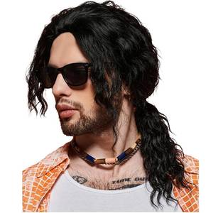 lot 18547 image: HUNIGIR Mens Black Mullet Wig Long 70s 80s Rockstar With Ponytail