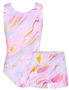 lot 18582 image: TENVDA Girls Gymnastics Leotard Pink Marble Sleeveless Bodysuit, Size 130, 7-9 Years