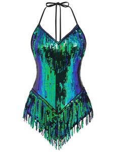 lot 18593 image: IBAKOM Sequin Fringe Bodysuit Leotard Adult Dance Costume Green Blue Size L
