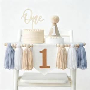 lot 18596 image: First Birthday Boy Decorations High Chair Banner Hat Cake Topper Blue