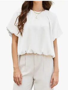 lot 2175 image: White Short Sleeve Top with Mesh Overlay Puff Sleeves US Size L