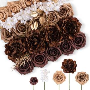 lot 1508 image: Tinge Time Artificial Wedding Flowers Combo 25 Pcs Rose Peony Mocha Brown