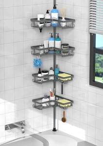 lot 1550 image: KEGII Corner Shower Caddy Tension Pole Bathroom Rack Dark Gray 25-114.2 In