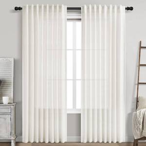 lot 1562 image: Nanspring Beige White Linen Curtains 60 x 84 Inch 2 Panels