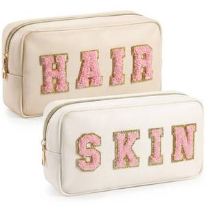 lot 2261 image: Cunno Nylon Cosmetic Makeup Bag Chenille Letter Pouch with Zipper 2 Pcs Cream