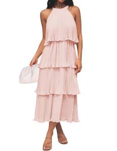 lot 2286 image: ZESICA Womens Summer Sleeveless Halter Tiered Chiffon Midi Dress Pink Small