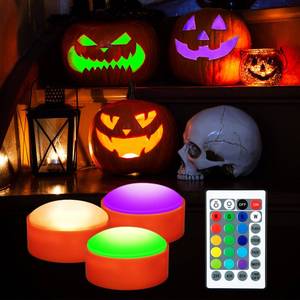 lot 2318 image: SOLLED Flameless Pumpkin Lights RGBW Color Changing Halloween Decor 3 Pack