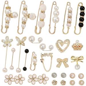 lot 2334 image: Miskate 28 Pcs Brooches and Pins Set Pearl Rhinestone Gold Clothing
