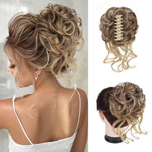 lot 2364 image: Foaoit Messy Bun Hair Pieces Curly Synthetic Claw Clip Light Brown Blonde Mix