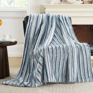 lot 7863 image: Cozy Bliss Faux Fur Striped Throw Blanket 50 x 60 Inches Blue