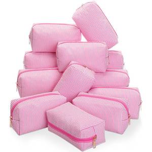 lot 7870 image: Sanwuta Seersucker Cosmetic Bags 12 Pcs Pink Striped Zippered