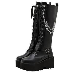 lot 7947 image: Parisuit Womens Knee High Lace Up Platform Combat Boots Black Size 10.5