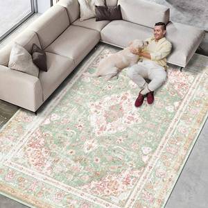 lot 7984 image: Vhong Washable Area Rug 5x7 Green and Pink Boho Non-Slip