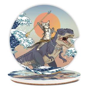 lot 8262 image: Adastrah Ceramic Car Coasters 2 Pack Absorbent Cup Holder Cat and Dinosaur