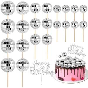 lot 8284 image: Soelomu Silver Disco Ball Cake Toppers with Happy Birthday Pick, 23 Pcs