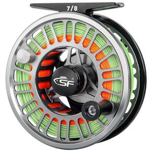 lot 8337 image: SF Fly Reel 78wt Mid Arbor CNC Aluminum Pre-Loaded Black Moss Green  Retail $107.99