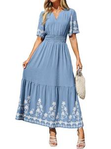 lot 8341 image: Simplee Womens Maxi Dress V-Neck Floral Embroidery Large Grey Blue