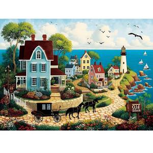 lot 8364 image: 500 Piece Jigsaw Puzzle Coastal Lighthouse Seaside Town