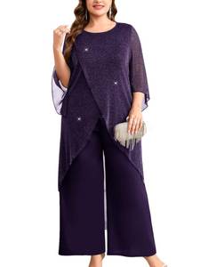 lot 8418 image: TIARALY Plus Size 2 Piece Pant Suit Sparkly Mesh High Low Hem Dark Purple 2X  Retail $129.90