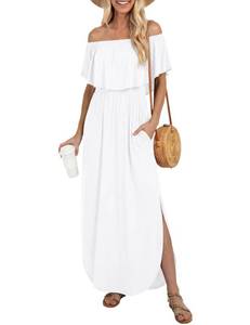 lot 8422 image: LILBETTER Womens Off Shoulder Ruffle Maxi Dress White Large Side Split