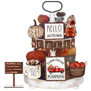 lot 8472 image: FairySandy Fall Tiered Tray Decor Set 13 Pcs Pumpkin Gnome Hello Autumn