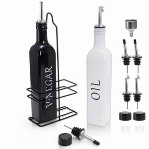 lot 9034 image: Tebery 2 Pack Oil and Vinegar Dispenser Set with Caddy Holder, 17oz Black & White Olive Oil Dispenser Bottle, Cute Modern Vintage Glass Cruet for Kitchen