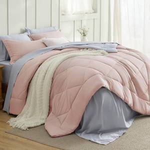 lot 9048 image: Bedsure Twin Comforter Set Reversible Bed Set 5 Pcs Blush PinkLight Grey