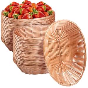 lot 9052 image: Potchen 24 Pack Plastic Oval Basket 9.5 x 6.3 x 2.4 Inch Small Fruit Bread Basket Wicker Storage Baskets for Gifts Empty Easter Home Kitchen Restaurant Food Serving Centerpiece Display(Light Brown)