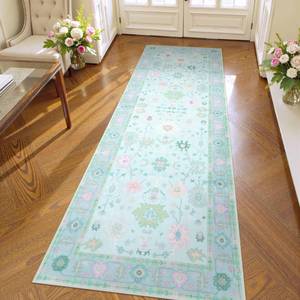 lot 9980 image: LIVEBOX Modern Oushak Bedroom Runner Rug, Boho Floral 2x6 Runners for Hallways 6ft, Non Slip Washable Soft Rug Kitchen, Ultra Thin Turkish Retro Carpet Runners for Bathroom Entryway, Blue