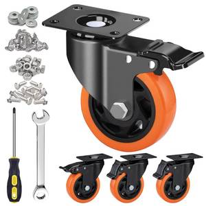 lot 9993 image: MSH&HCE 4 Inch Heavy Duty Orange Caster Wheel Set of 4,Dual Brake, Silence