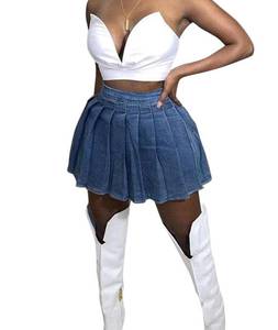 lot 10282 image: SEMATOMALA Pleated Denim Mini Skirt Ruffle Blue Jean Tennis Skirts BE-L