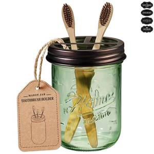 lot 10289 image: SheeChung Green Mason Jar Toothbrush Holders, Toothpaste Organizer, Bronze