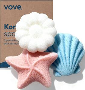 lot 10303 image: Vove Organic Konjac Baby Bath Sponges 3-Pack, Plant-Based Ocean Shapes