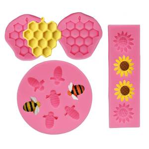 lot 12821 image: 4 Pcs Bumble Bee Honeycomb Sunflower Silicone Fondant Mold Set Pink