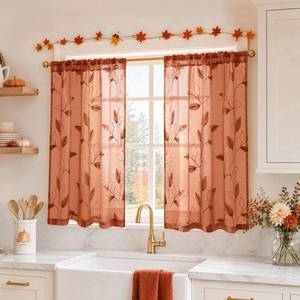 lot 12836 image: HOMEIDEAS Burnt Orange Leaf Embroidered Kitchen Tier Curtains 30x36
