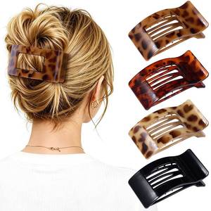 lot 14079 image: RDUQM Flat Hair Clips 4 Pack 3.8 x 2 Inch Tortoise Amber Leopard Black