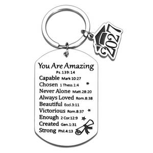 lot 14095 image: Stainless Steel Engraved Bible Verse Keychain Class of 2027