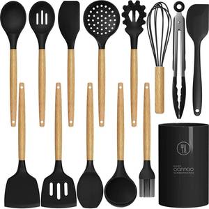 lot 17725 image: Oannao Silicone Cooking Utensil Set 446°F Heat Resistant Wooden Handles Black