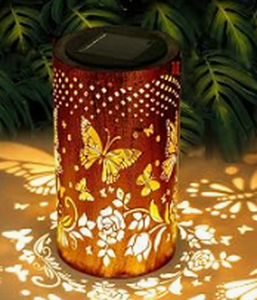lot 1507 image: Solar Powered Hanging Lantern w Cut-Out Floral and Bird Design Metal Body - Stock image may not match actual product images&nbsp