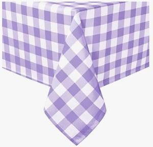 lot 14086 image: Purple and White Buffalo Check Fabric Item in Sealed Clear Plastic Bag 57 x 68 Table Cloth - Stock image may not match actual product images