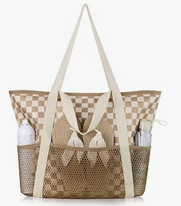 lot 18651 image: Beige and Tan Checkered Mesh Duffel Style Bag with Zip Top and Strap - Stock image may not match actual product images