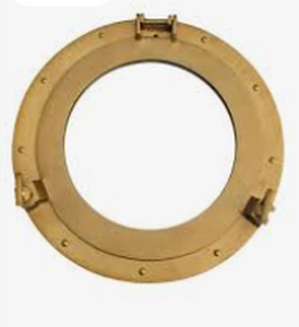 lot 18655 image: Brass-Tone Porthole Window Frame with Hinge and Two Latch Clamps - Stock image may not match actual product images