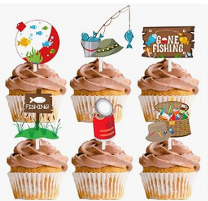 lot 18667 image: Fishing Themed Glitter Cake Topper Set with White Paper Sticks - Stock images may not match actual product images