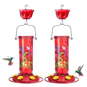 lot 1614 image: Kingsyard Glass Hummingbird Feeder 2 Pack 15 oz 6 Ports Ant Moat Red