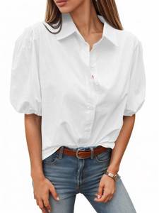 lot 2472 image: Tankaneo Womens Button Down Shirt Short Puff Sleeve Collared White, Size M