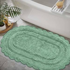 lot 5493 image: Chardin Home Sage Green Crochet Bath Rug 100% Cotton Oval 24x40 Inch