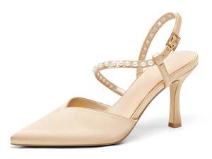 lot 5497 image: Coutgo Womens Pearl Ankle Strap Satin Heels Champagne Gold Size 7.5