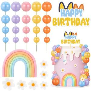 lot 6295 image: ProSuites 38 Pcs Rainbow Pastel Cake Topper Set with Daisy and Ball Toppers