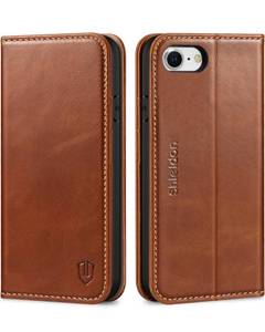 lot 6311 image: SHIELDON Genuine Leather Flip Wallet Case, Retro Brown for iPhone SE 2022